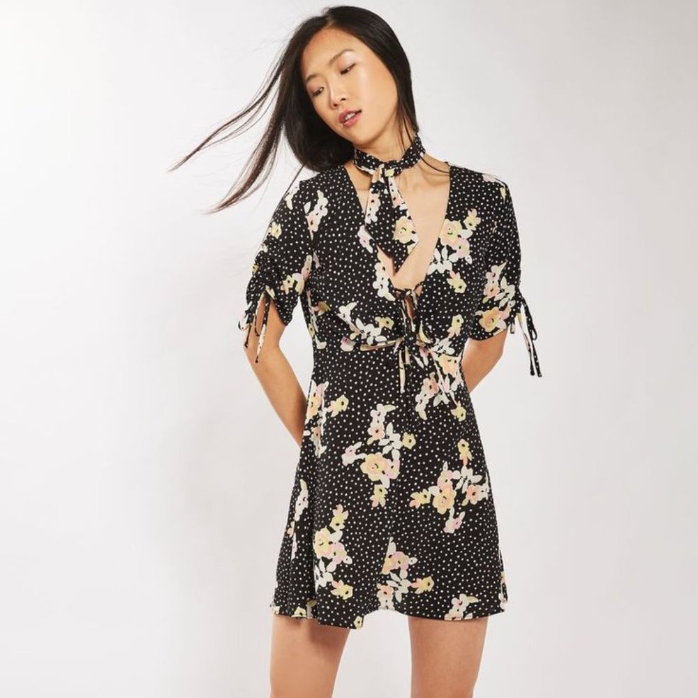 Topshop Spot Floral Tie Tea Dress, Size 10